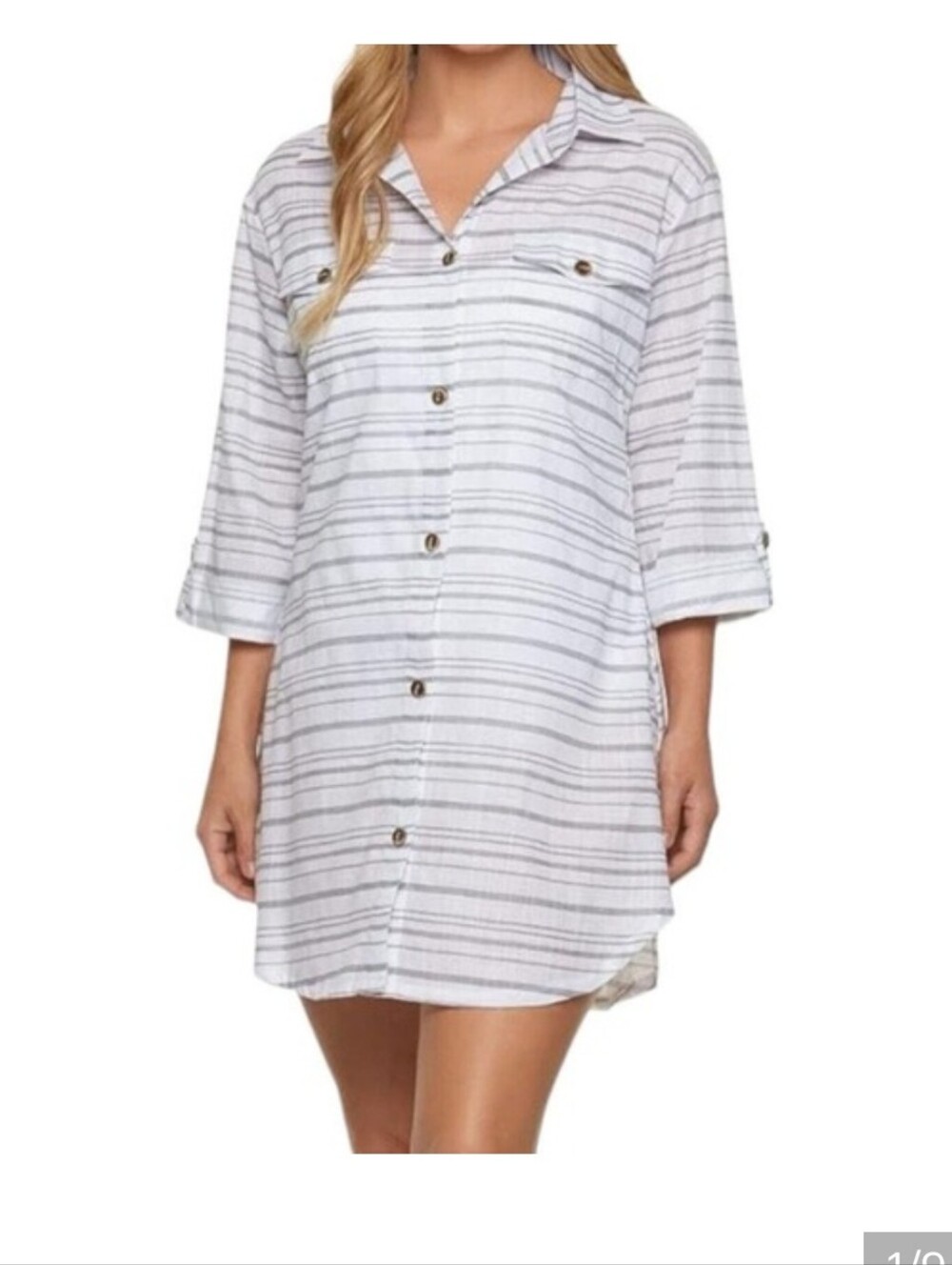 Dotti White Button-Down Shirt with Navy Stripes